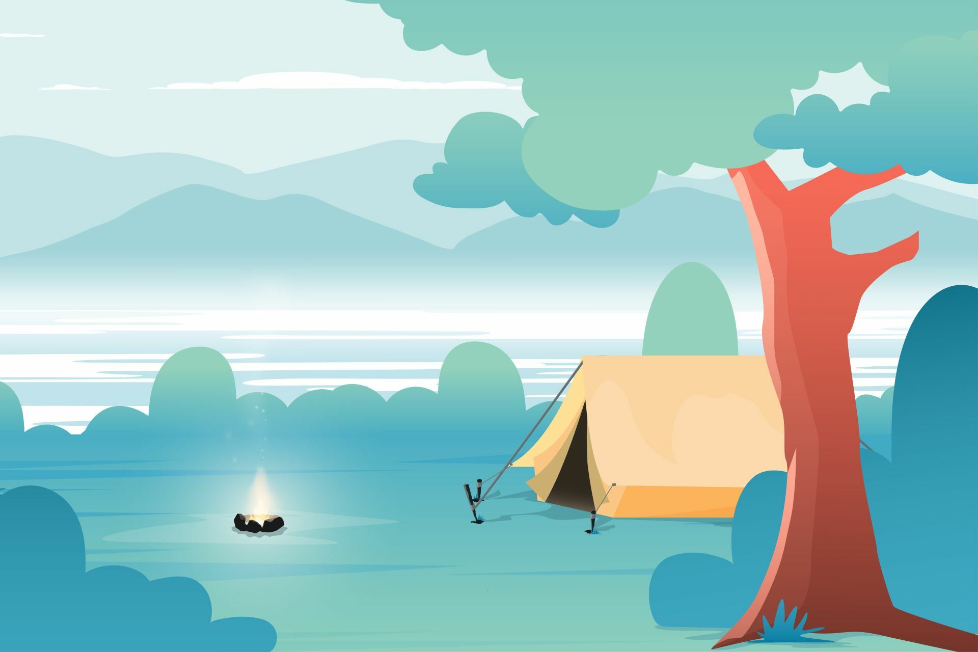 Campingplatz mit Zelt und Lagerfeuer