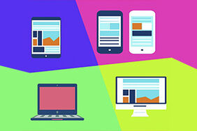 Icons auf buntem Hintergrund stellen verschiedene digitale Verarbeitungsgeräte dar, wie z. B. Smartphones, Tablet, Laptop und Desktop PC.