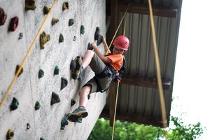 Ein Kind mit Diabetes an einer Kletterwand im Hochseilgarten.